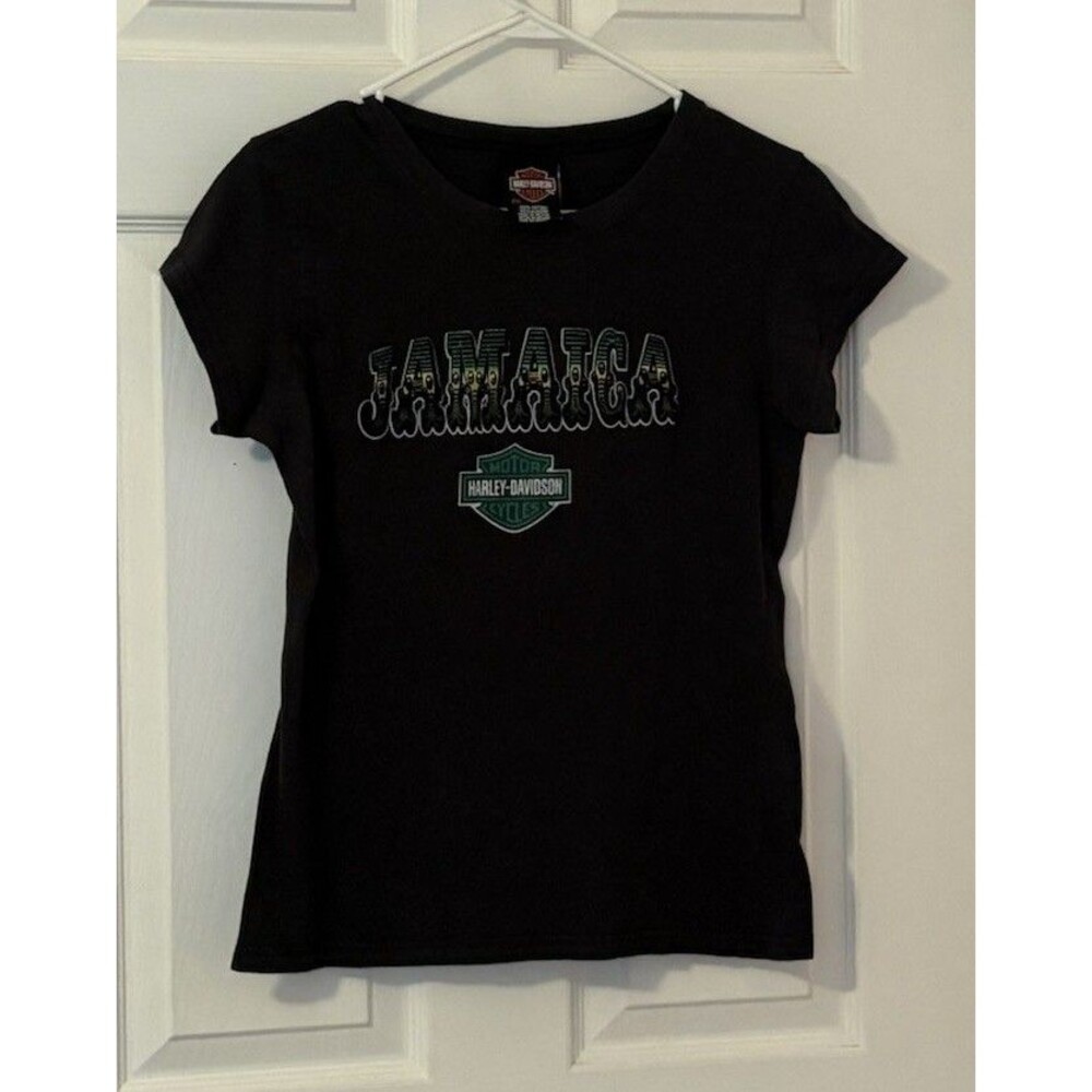 Harley Davidson Graphic T Shirt Front & Back Hit Jamaica, Youth XL / Womens S
